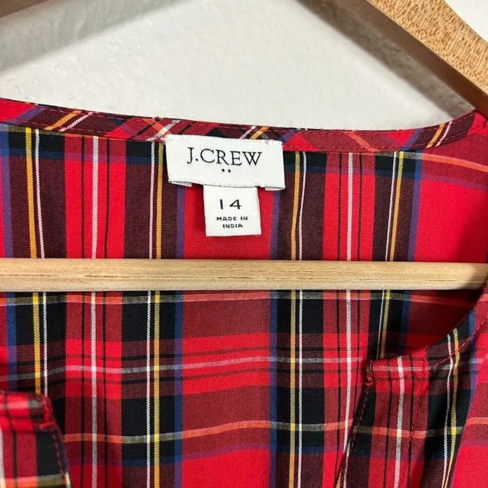 J. Crew Stewart Tartan Plaid Midi Dress 14 Red Puff Sleeve Cotton Blend Holiday